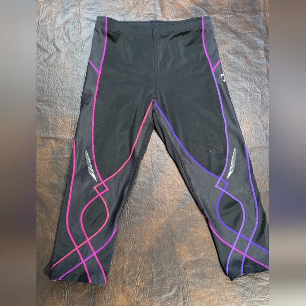 CW-X Black Leggings with Vibrant Pink and Purple Trim